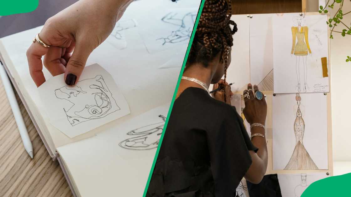 Crop faceless dressmaker drawing sketches before sewing garments. A woman designing clothes.