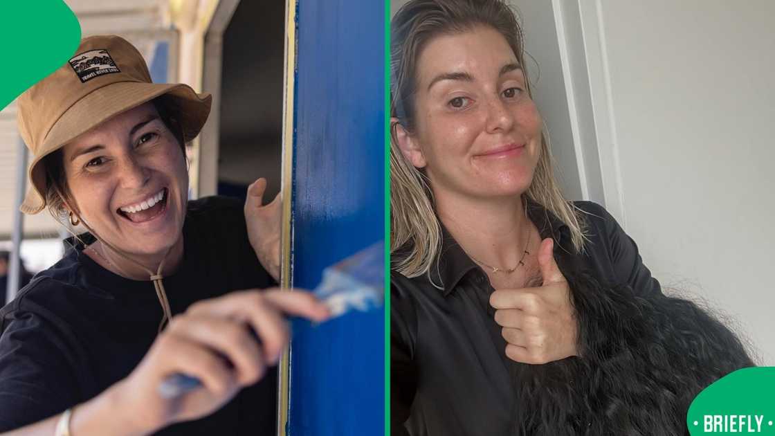 On the right, showed Rachel posing for the camera On the right, showed Rachel posing for the camera