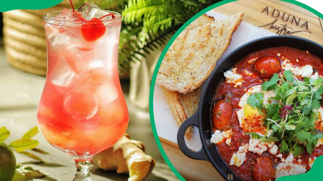 Aduna Bistro's cocktail (L). Shakshuka (R). Aduna Bistro's cocktail (L). Shakshuka (R).
