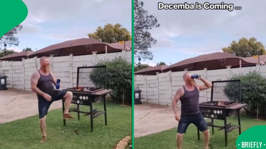 A visual of Dean mid-dance, while preparing to braai meat A visual of Dean mid-dance, while preparing to braai meat