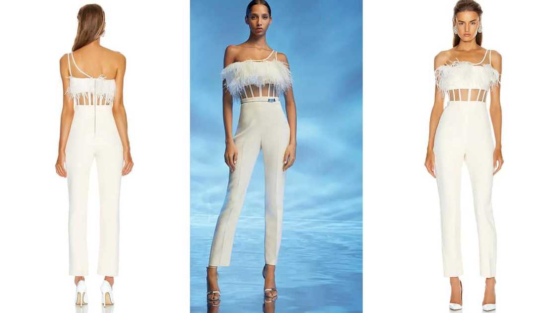 One-shoulder bandage jumpsuit with feather and mesh detail One-shoulder bandage jumpsuit with feather and mesh detail