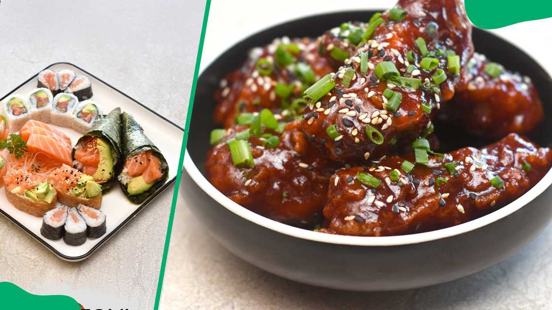 Soya Soul sushi (L). Chicken wings coated in Korean Gochujang chilli sauce (R)