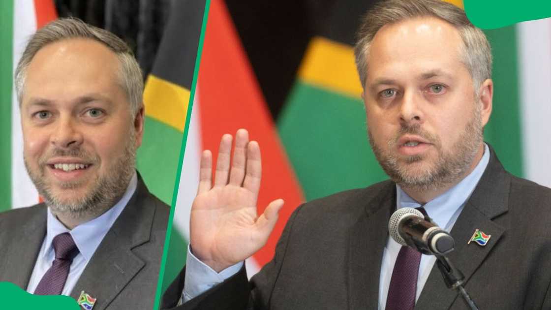 Dr. Leon Schreiber in a grey suit (L). The writer at the Cape Town International Convention Centre in 2024 (R)