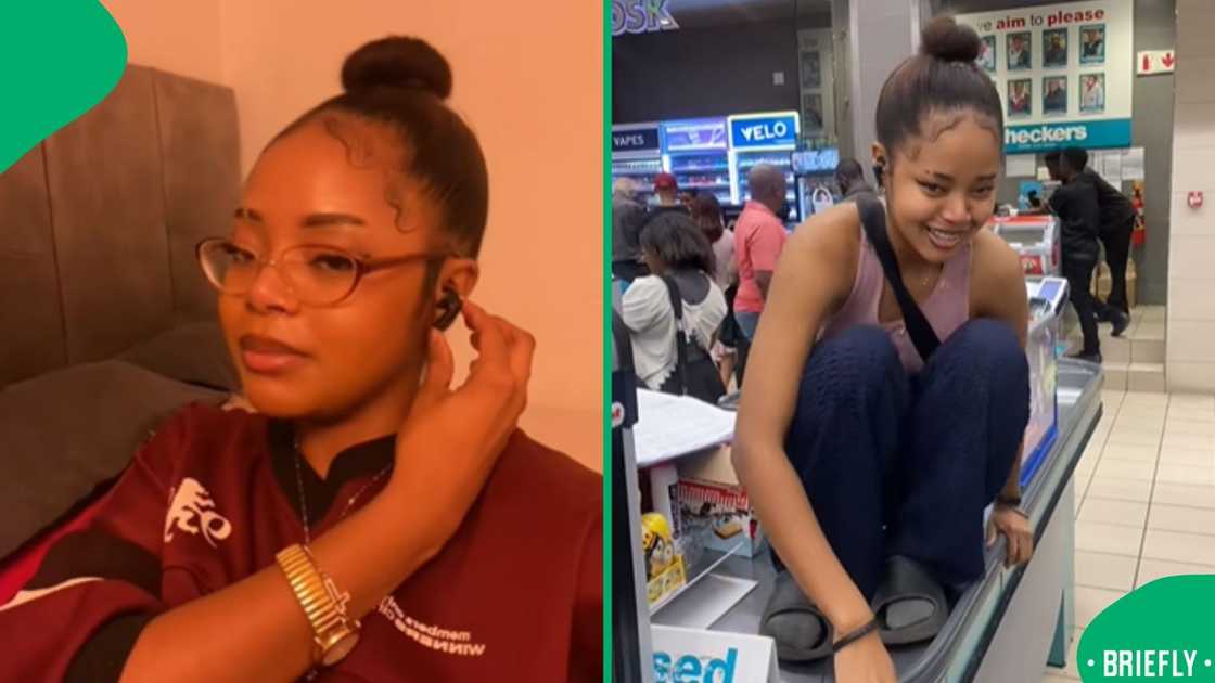 The image on the right captured the woman squatting on top of a till counter The image on the right captured the woman squatting on top of a till counter