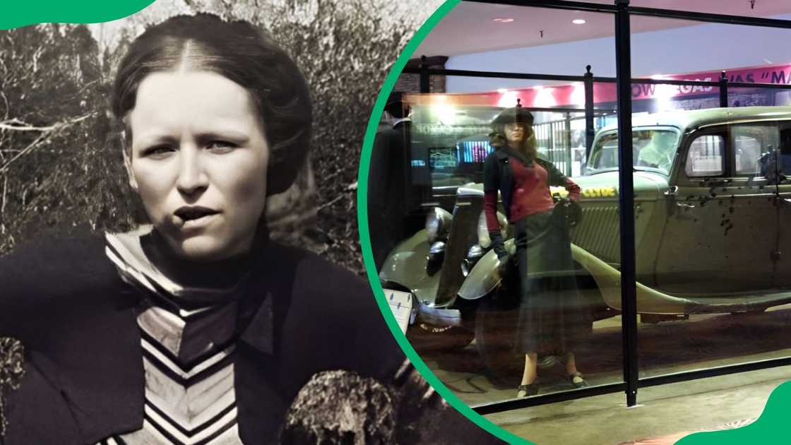 Clyde's ride or die, Bonnie (L). The pair's car displayed in Primm, Nevada (R)