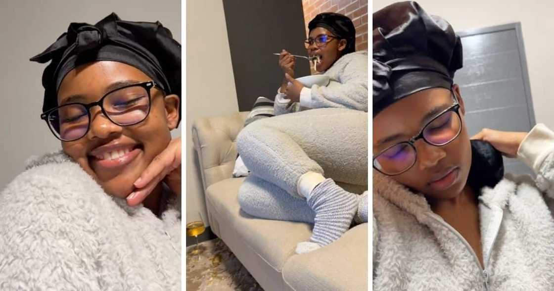 Young woman shows night time after work Young woman shows night time after work