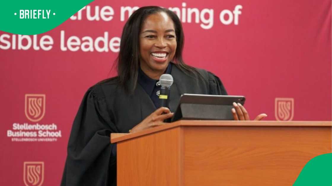 Phuthi Mahanyele-Dabengwa spoke passionately on stage at Stellenbosch Business School’s Academic Opening, gesturing as she shared insights with students and faculty
