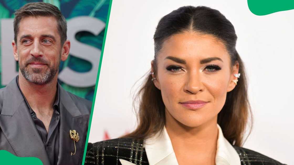 Aaron Rodgers at the 76th Annual Tony Awards in 2023 (L). Jessica Szohr at the Saban Media Center in 2020 (R)