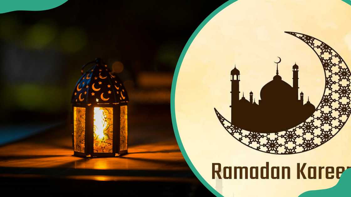A lit Ramadan lamp and Ramadan wishes A lit Ramadan lamp and Ramadan wishes