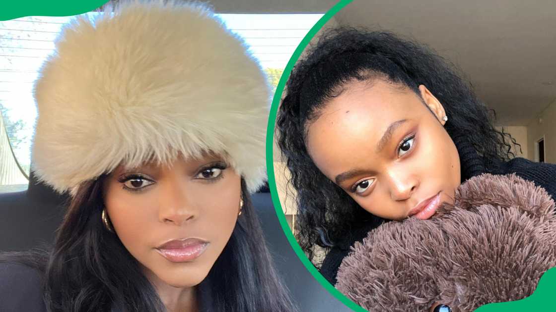 Nandipha Khubone in a furry hat and she cuddles a teddy bear