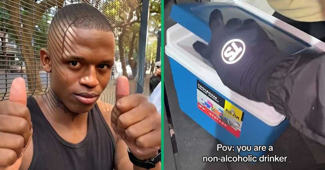 Young man takes cooler box to party.