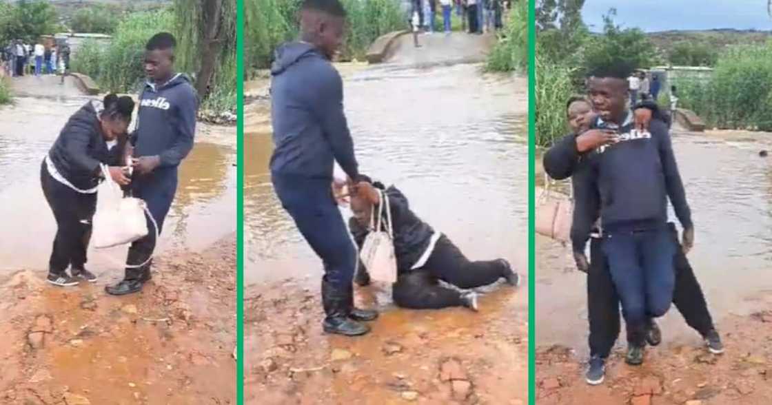 TikTok video shows kind man carrying lady across flooded street, but drops her and Mzansi laughs TikTok video shows kind man carrying lady across flooded street, but drops her and Mzansi laughs