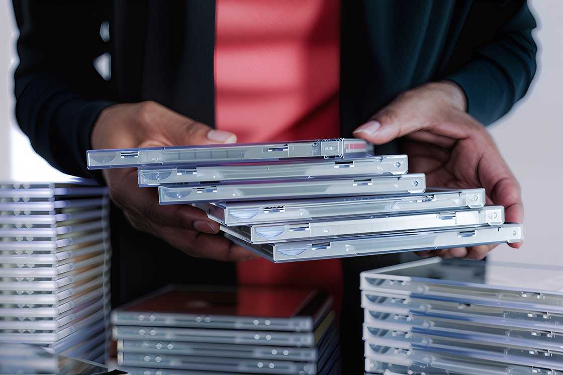 Close-up of a black woman sorting CDs Close-up of a black woman sorting CDs