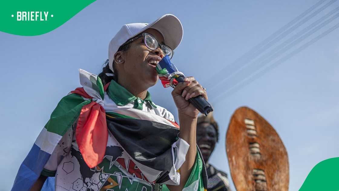 March and March Movement leader Jacinta Ngobese-Zuma addresses hundreds of supporters during a protest demonstration in Pinetown, south of Durban on July 16, 2026