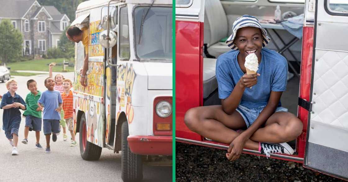 Children running after ice cream van, woman enjoying ice cream