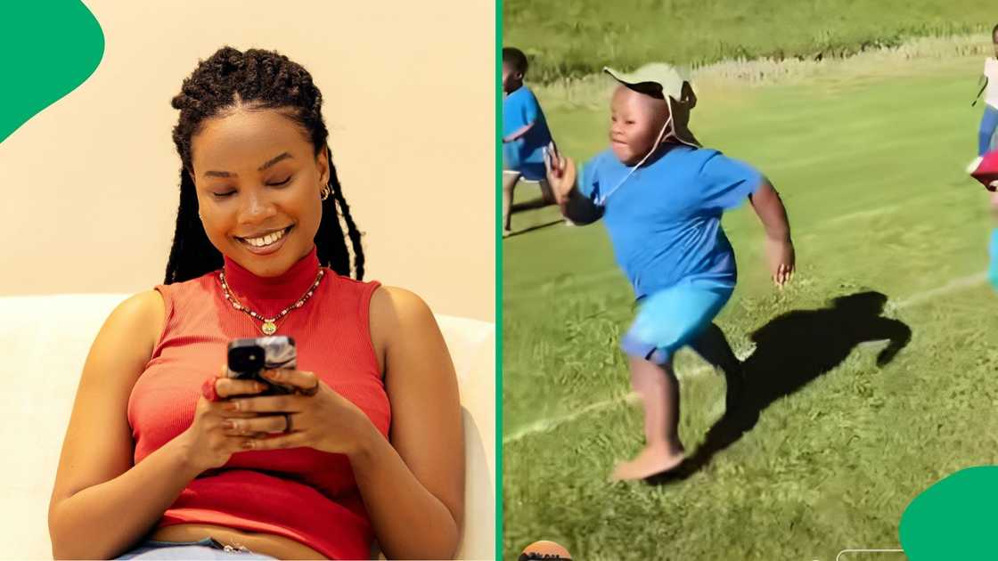 The toddler's face lit up with a proud smile after he successfully overtook his peers to finish the race The toddler's face lit up with a proud smile after he successfully overtook his peers to finish the race