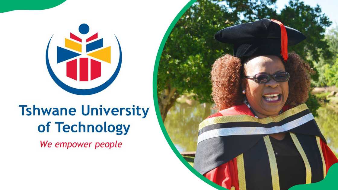 The TUT logo and celebrated actress Lillian Dube when she received an honorary doctorate from TUT The TUT logo and celebrated actress Lillian Dube when she received an honorary doctorate from TUT