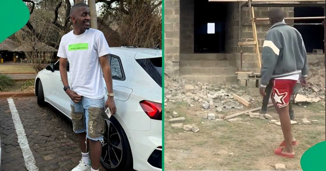 A guy next to a car and house being built