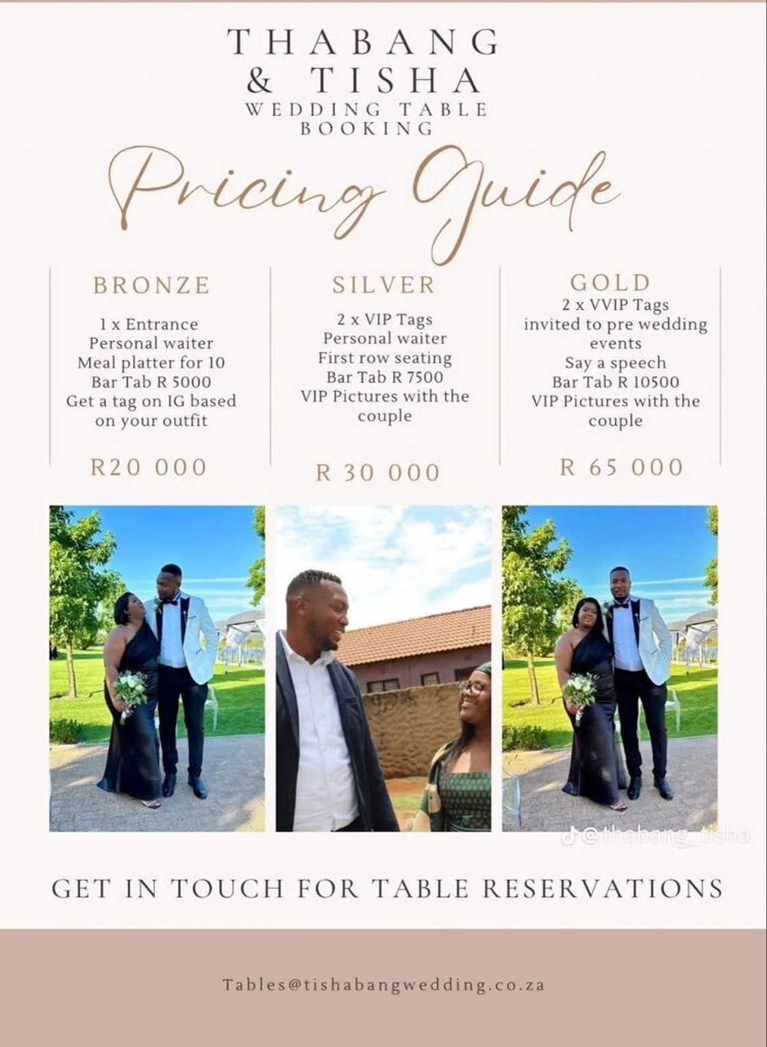 A couple's pricing guide for their wedding's table bookings.