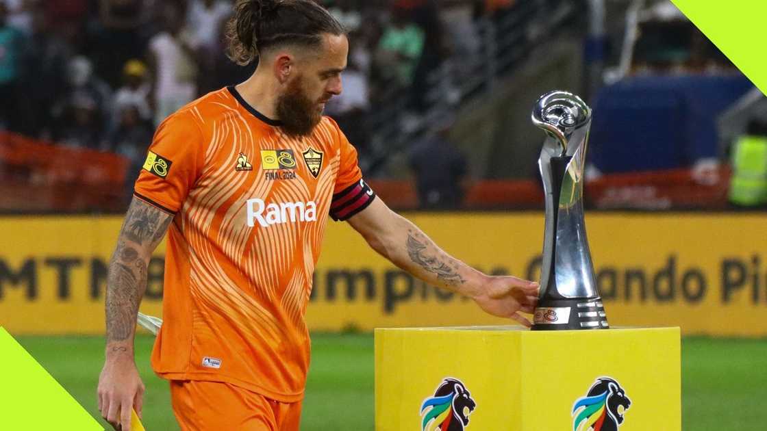 Stellenbosch FC goalkeeper Sage Stephens looks disappointed after losing the MTN8 final. Stellenbosch FC goalkeeper Sage Stephens looks disappointed after losing the MTN8 final.