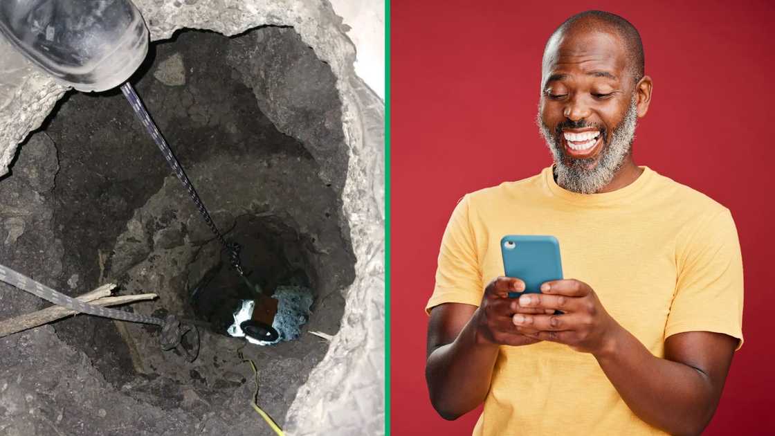 An image of a man laughing alongside the photo of the impromptu tunnel that illegal miners made in the home.