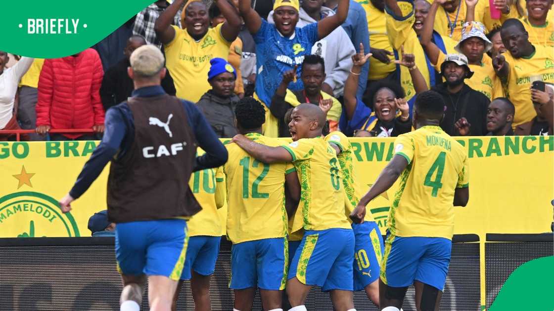 Mamelodi Sundowns players celebrate during AS FAR match
