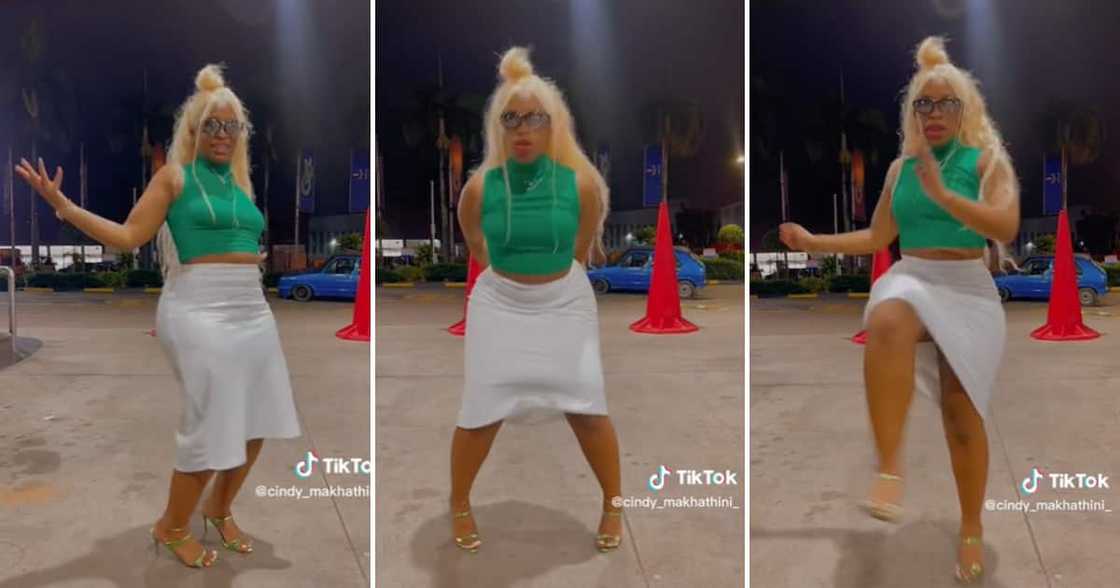 TikTok user @cindy_makhathini_ served confidence and sass in heels and a white skirt