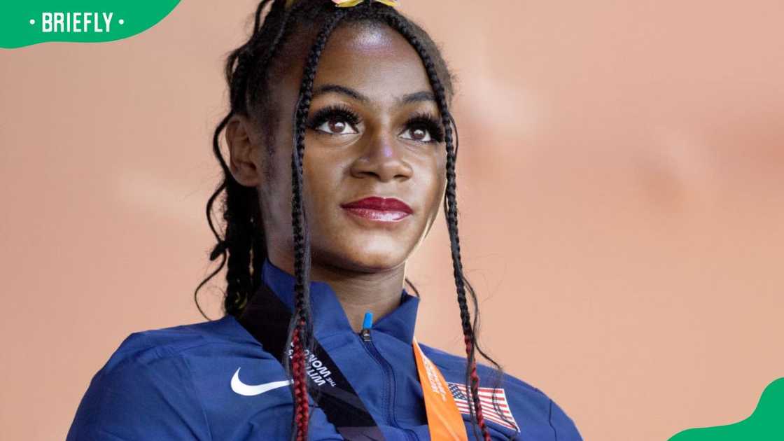 Sha'Carri Richardson during the medal ceremony at the 2023 World Athletics Championships in Budapest, Hungary Sha'Carri Richardson during the medal ceremony at the 2023 World Athletics Championships in Budapest, Hungary