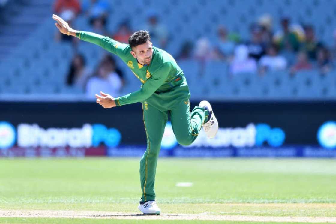 Keshav Maharaj during the T20 World Cup match between South Africa and Netherlands at Adelaide Oval Keshav Maharaj during the T20 World Cup match between South Africa and Netherlands at Adelaide Oval