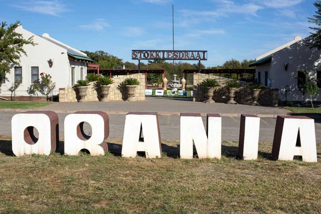 A sign spelling 'Orania.' A sign spelling 'Orania.'