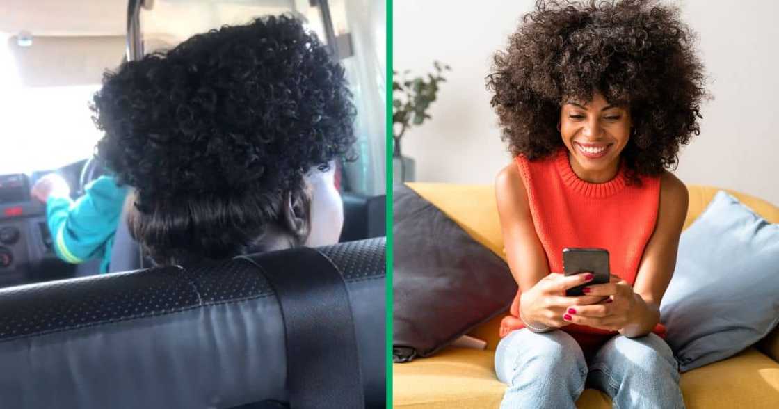 Woman rocking a puff-pixie-cut wig in a taxi