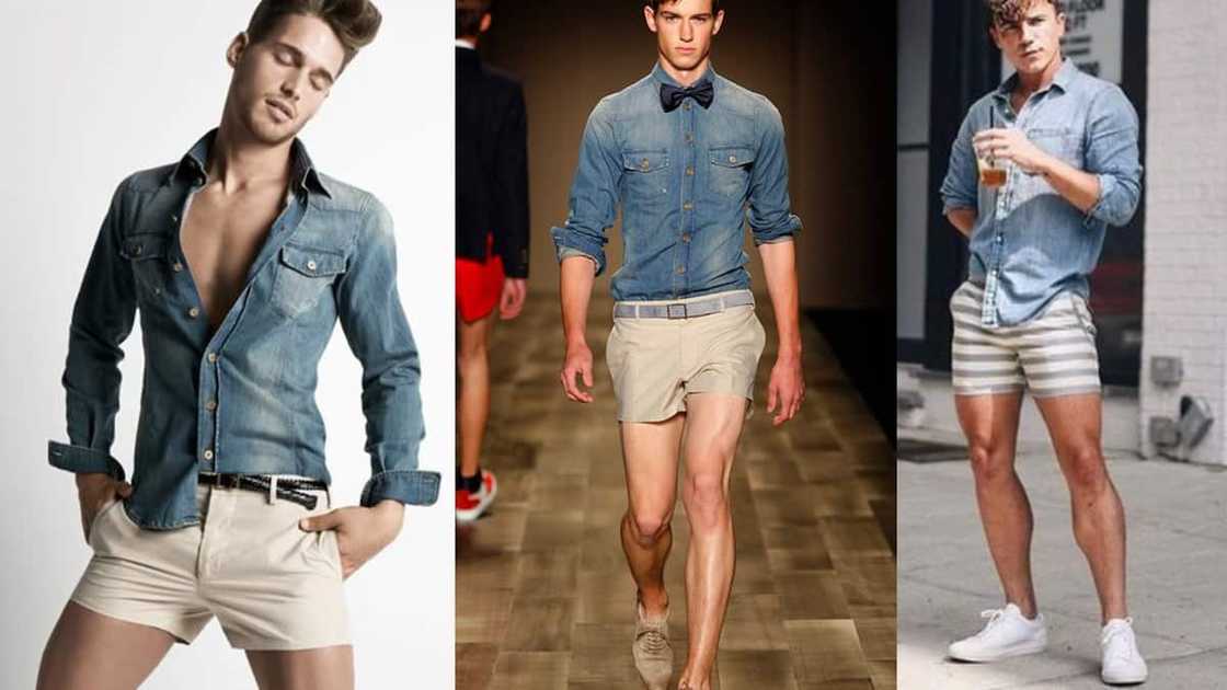 Long-sleeved denim shirt and short shorts