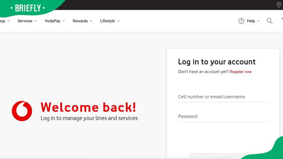 A screenshot of the Vodacom website log in page A screenshot of the Vodacom website log in page