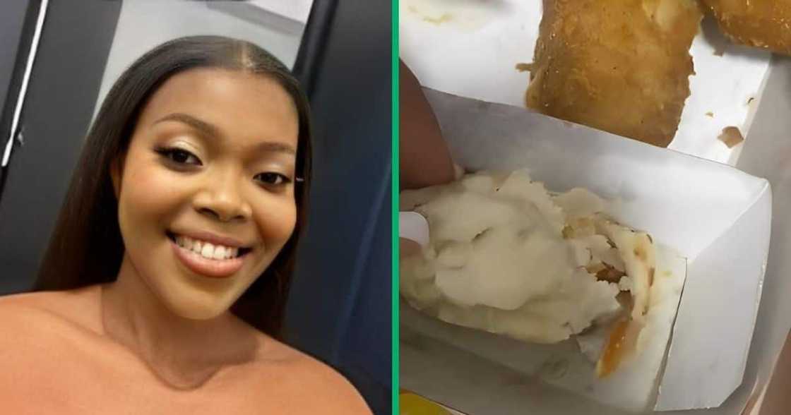 A woman realises her chicken burger is mouldy. A woman realises her chicken burger is mouldy.