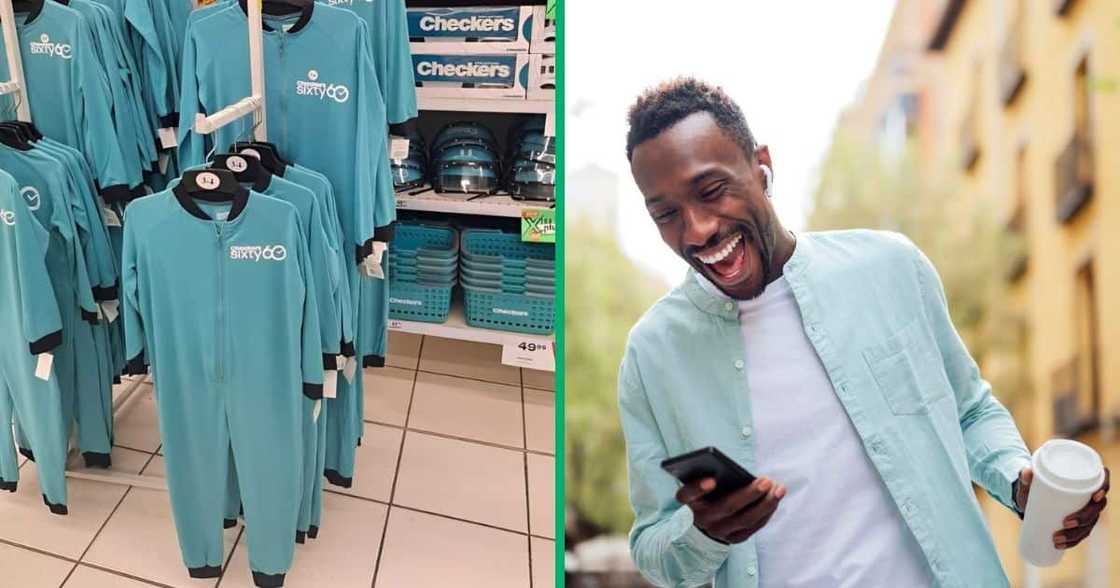 Internet laugh as woman squeezes into children's Checkers Sixty60 onesie. Internet laugh as woman squeezes into children's Checkers Sixty60 onesie.