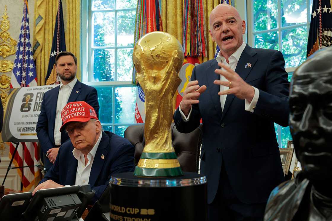 Image of Gianni Infantino in the Oval Office with President Donald Trump and VP JD Vance
