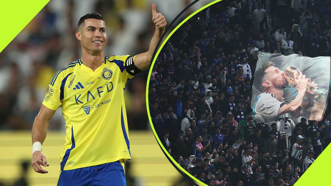 Al-Nassr captain Cristiano Ronaldo gives a thumbs-up with a smile after being taunted with Lionel Messi chants by Al-Hilal fans.