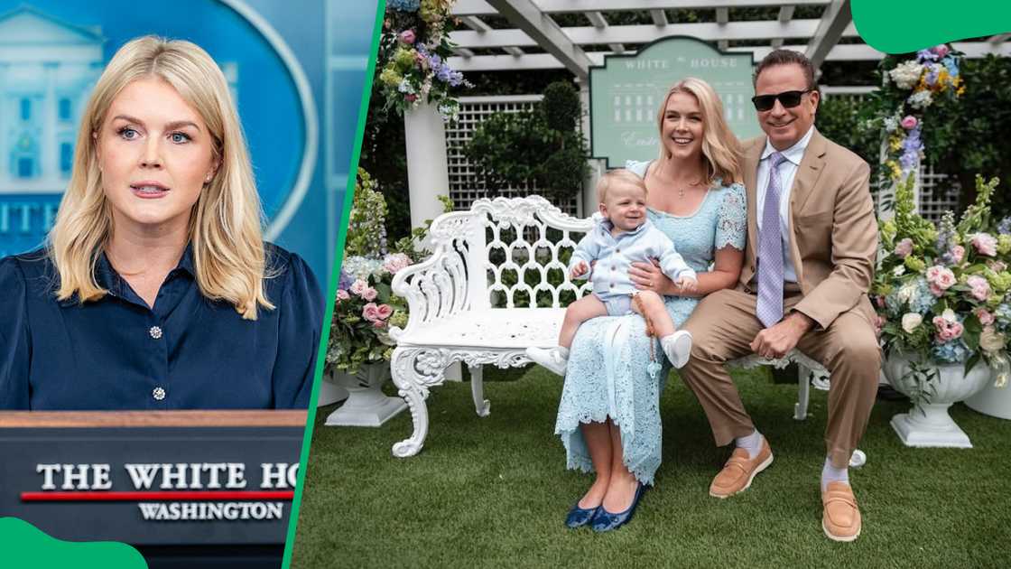 Karoline Leavitt at the White House in 2025 (L). Nicholas Riccio with his wife and son (R)