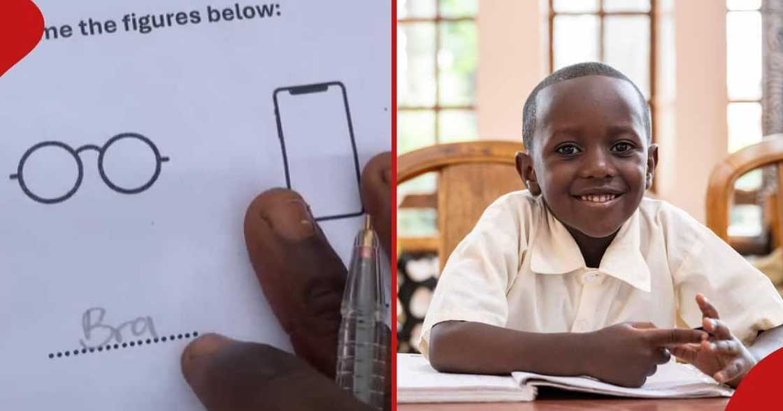One of the boy's hilarious wrong answer to a figure (l). A boy smiling in class (r). One of the boy's hilarious wrong answer to a figure (l). A boy smiling in class (r).
