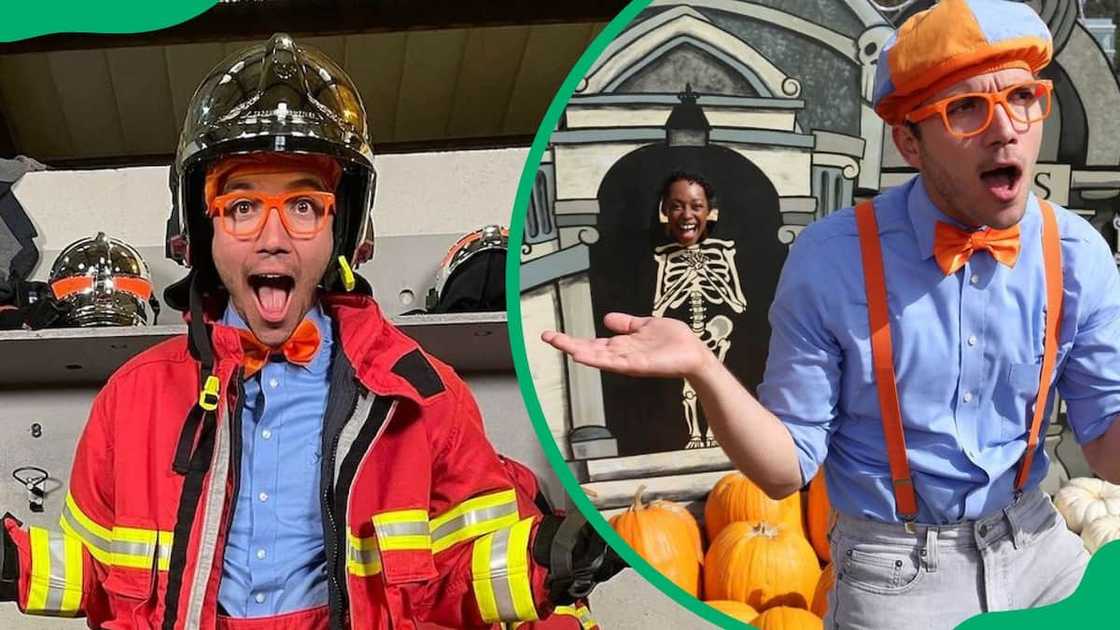 Blippi wearing a firefighter's suit (L). The YouTuber in his signature attire (R) Blippi wearing a firefighter's suit (L). The YouTuber in his signature attire (R)