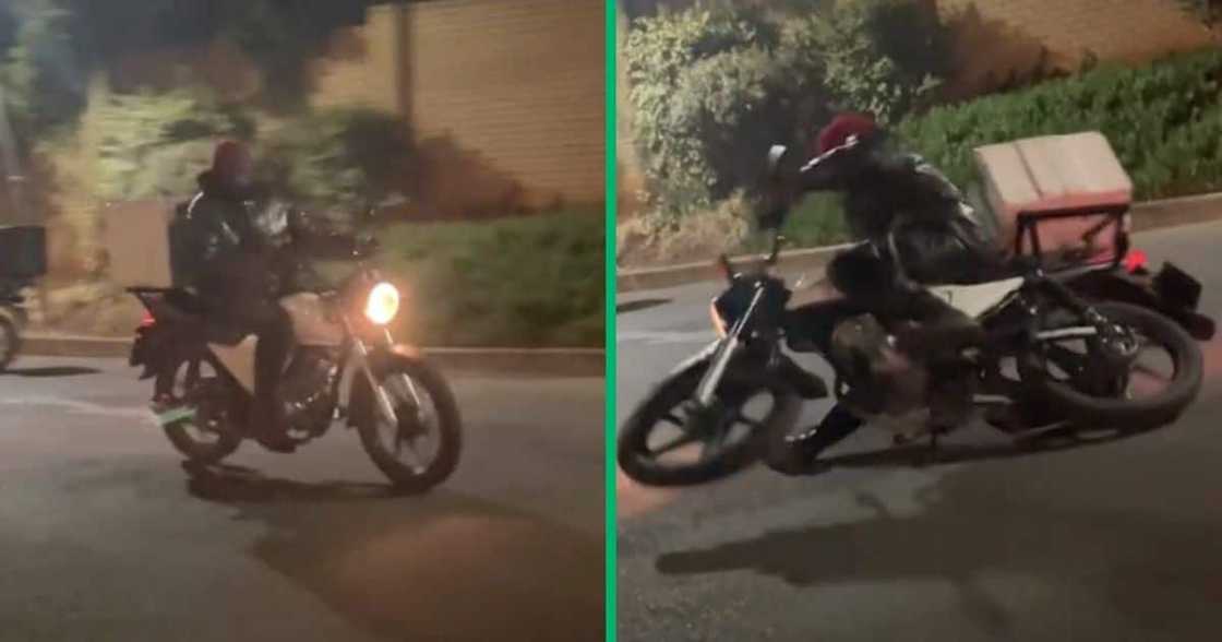 A delivery man trying to do donuts on his bike A delivery man trying to do donuts on his bike