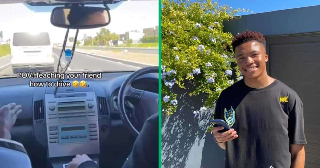 A TikTok video showed a man hilariously teaching his friend to drive. A TikTok video showed a man hilariously teaching his friend to drive.