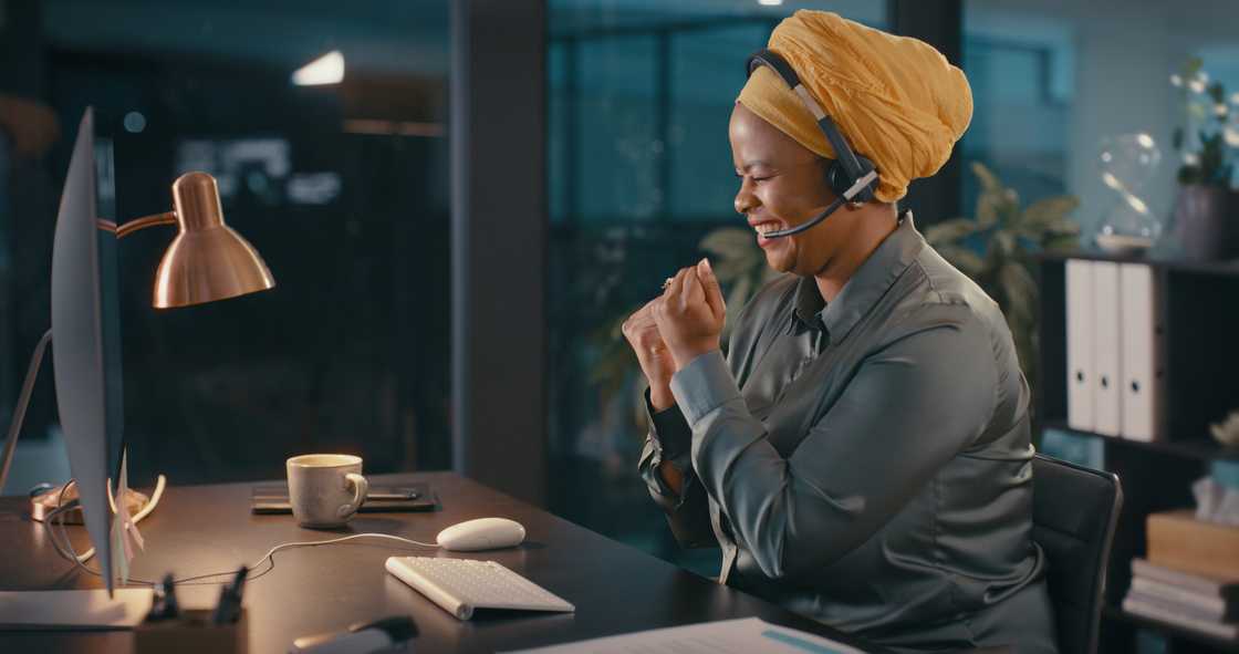 A woman records a call-centre greeting in her natural accent. A woman records a call-centre greeting in her natural accent.