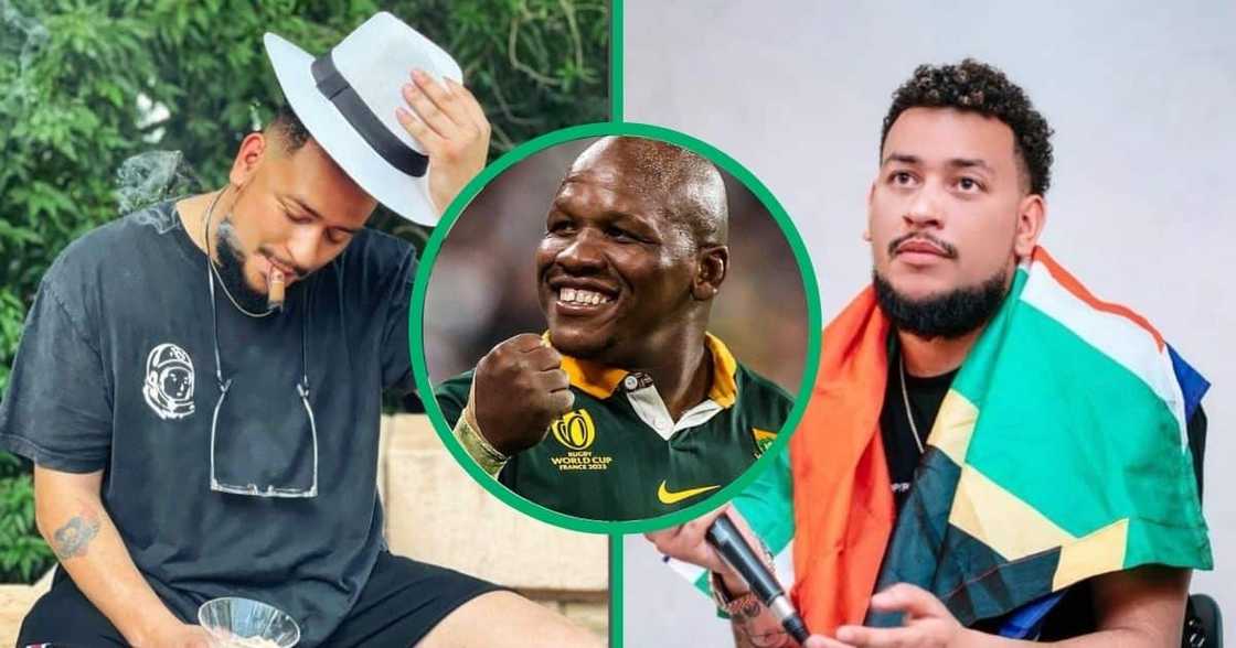 Award-winning rapper AKA and Springboks ho0ker, Bongi Mbonambi.