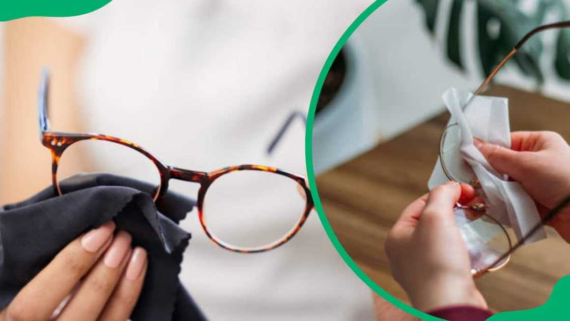 Close-up of a woman cleaning eyeglasses Close-up of a woman cleaning eyeglasses