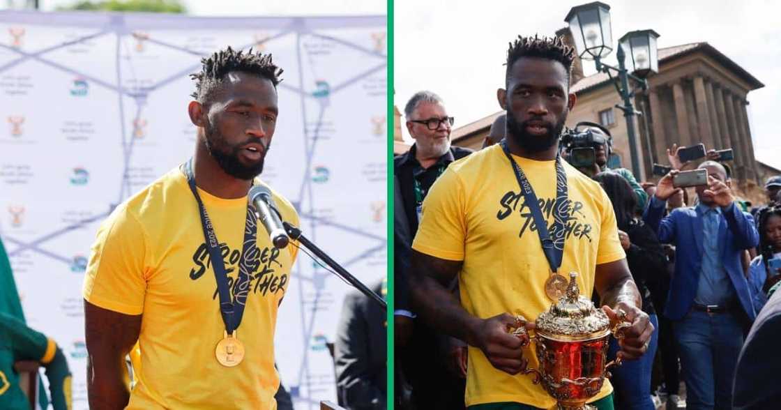 Springboks captain Siya Kolisi delivered a speech at the Union Buildings in Tshwane Springboks captain Siya Kolisi delivered a speech at the Union Buildings in Tshwane