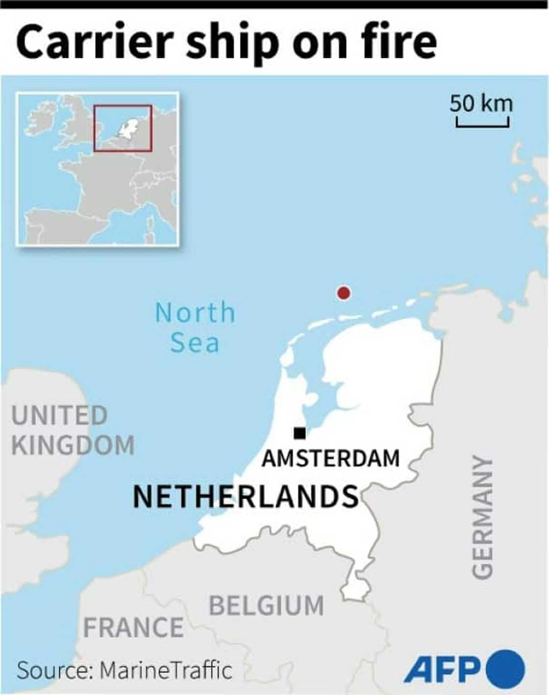 A carrier ship on fire off the coast of the Netherlands A carrier ship on fire off the coast of the Netherlands