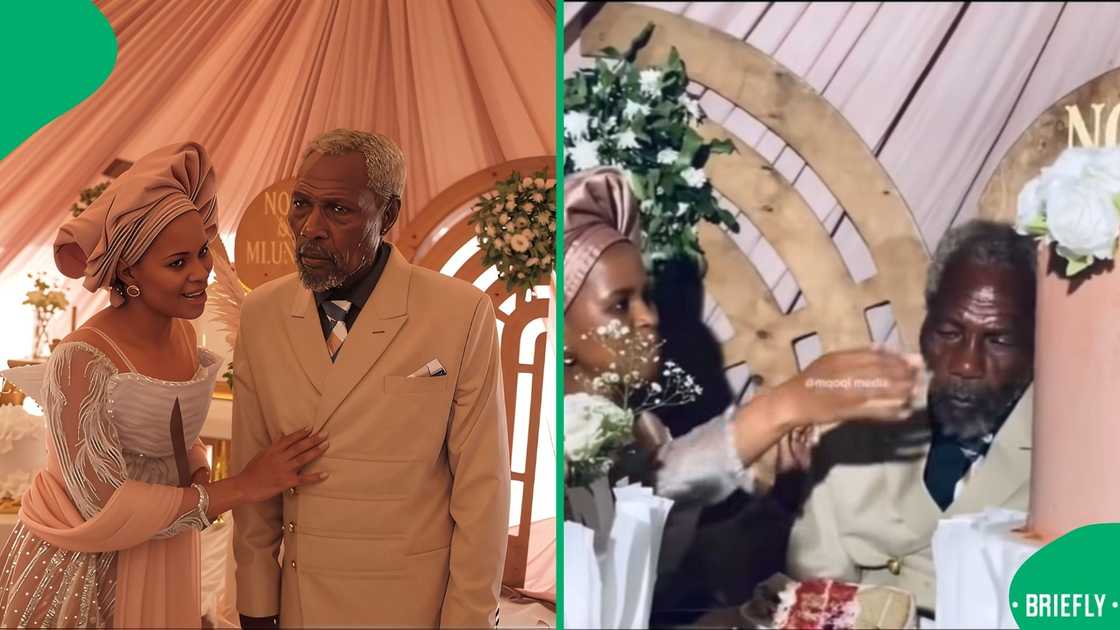 The young bride dipped her finger in the cake's cream and put it on his face
