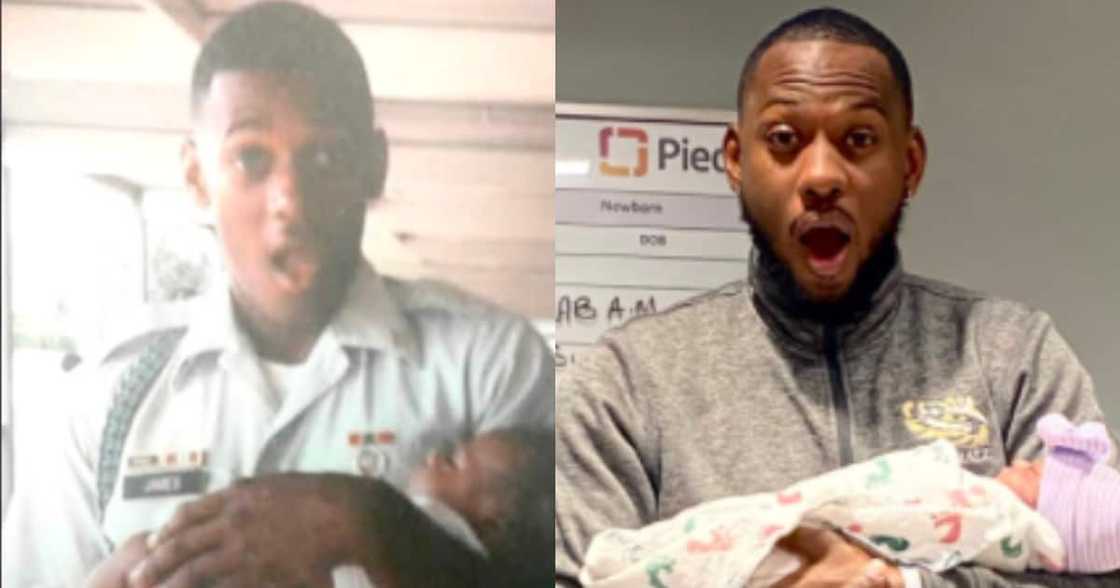 On the left is Jay's dad holding him (his first child) and all-grown Jay on the right holding his first child