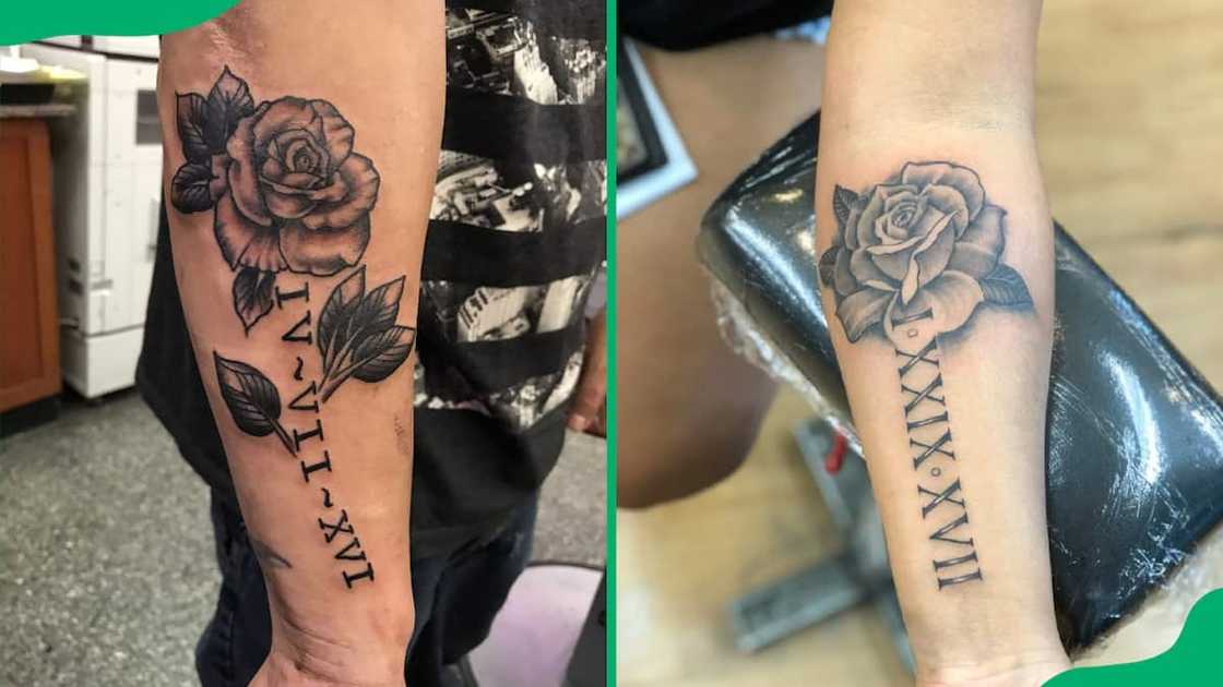 Rose with dates in numerals tattoo Rose with dates in numerals tattoo